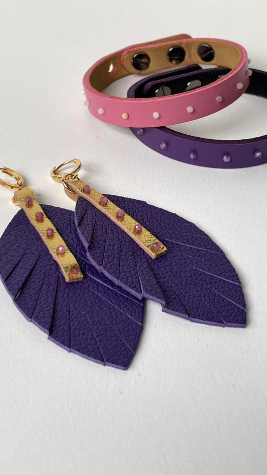 Purple Leather Feather Dangle Earrings with Tourmaline Gemstones