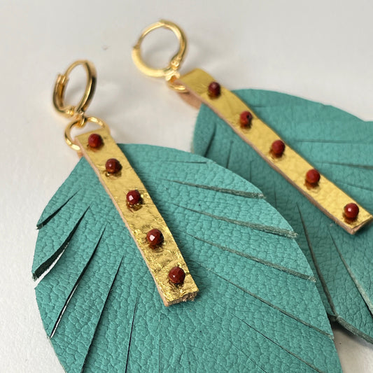 Turquoise Leather Feather Dangle Earrings with Jasper Gemstones