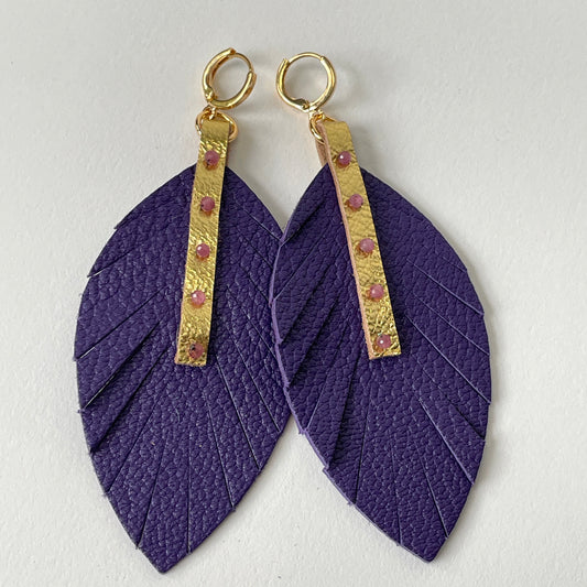 Purple Leather Feather Dangle Earrings with Tourmaline Gemstones