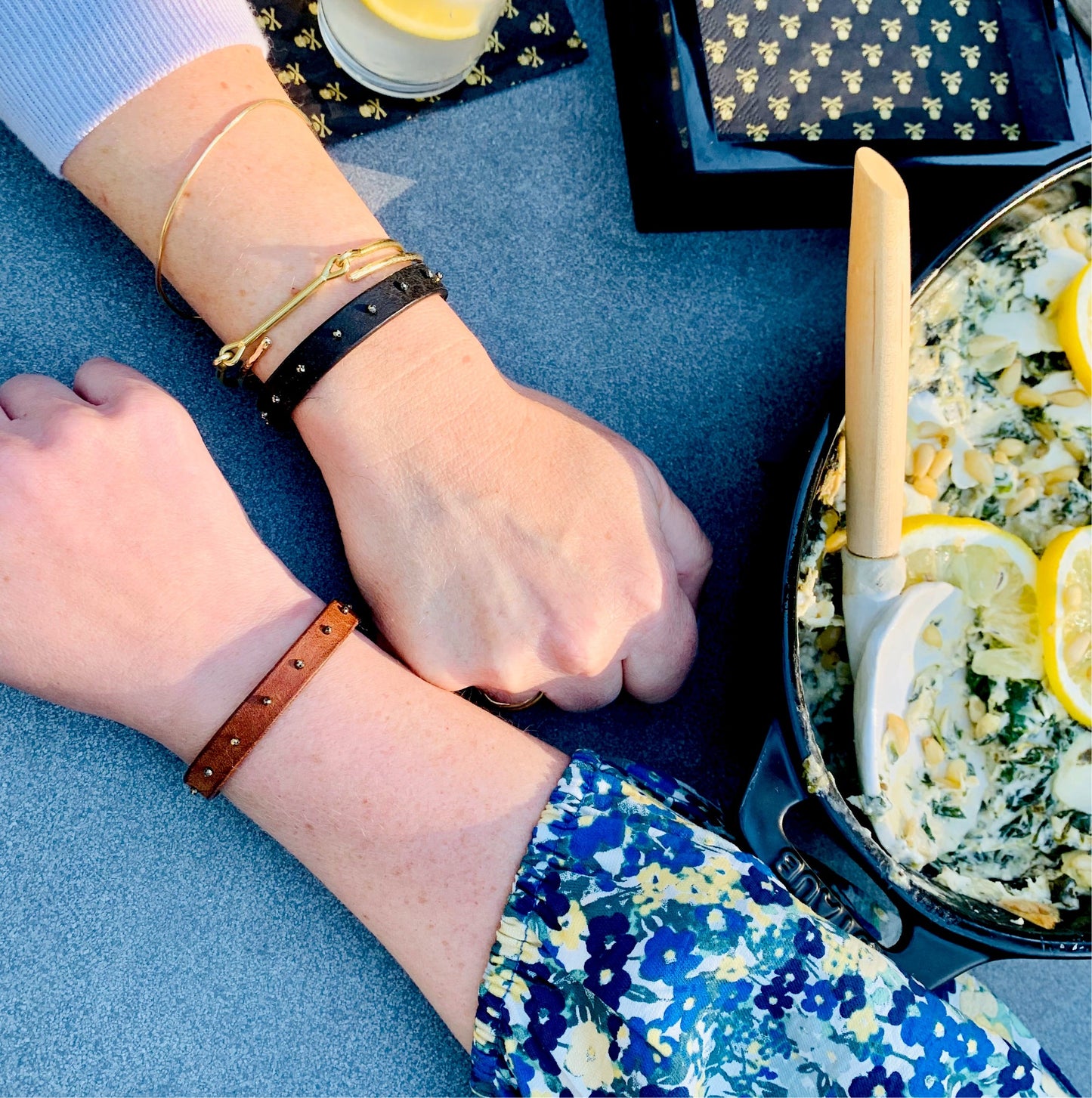 CELEBRATE Stacking Bracelet — Natural Colors - handmade vegetable-tanned leather bracelet with pyrite - view 9