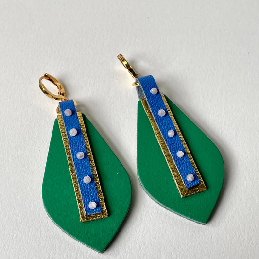"Under the Falls" Green and Blue Leather Feather Dangle Earrings