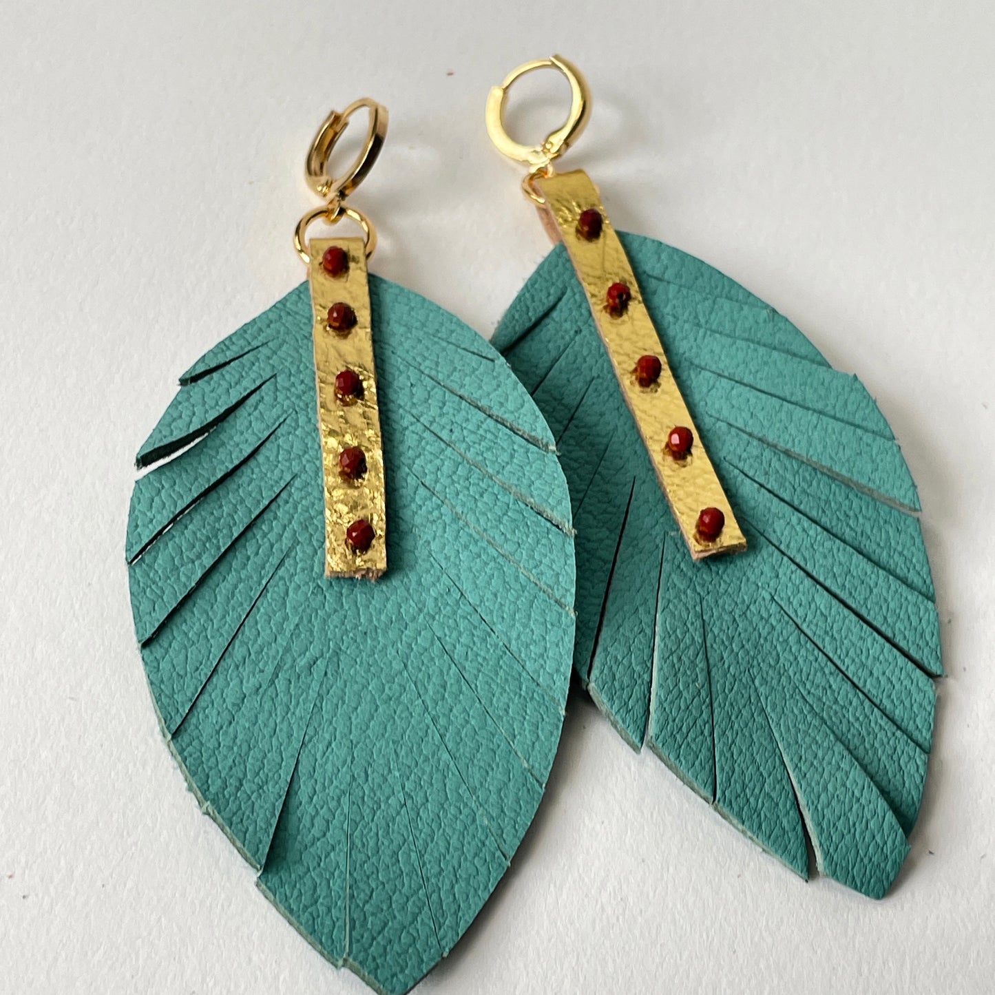 Turquoise Leather Feather Dangle Earrings with Jasper Gemstones
