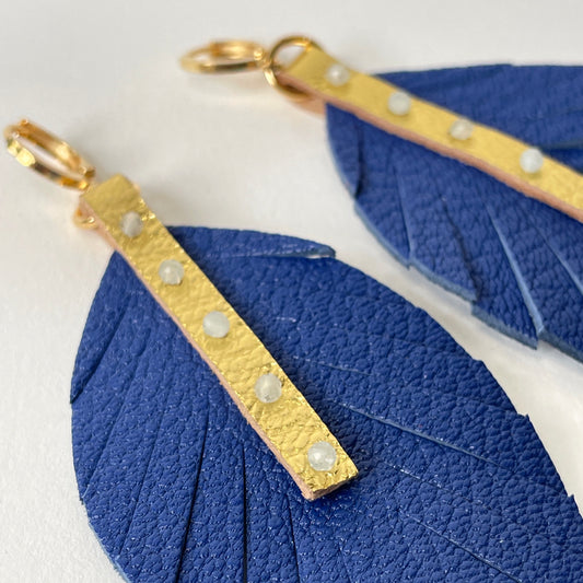 Blue Leather Feather Dangle Earrings with aquamarine Gemstones