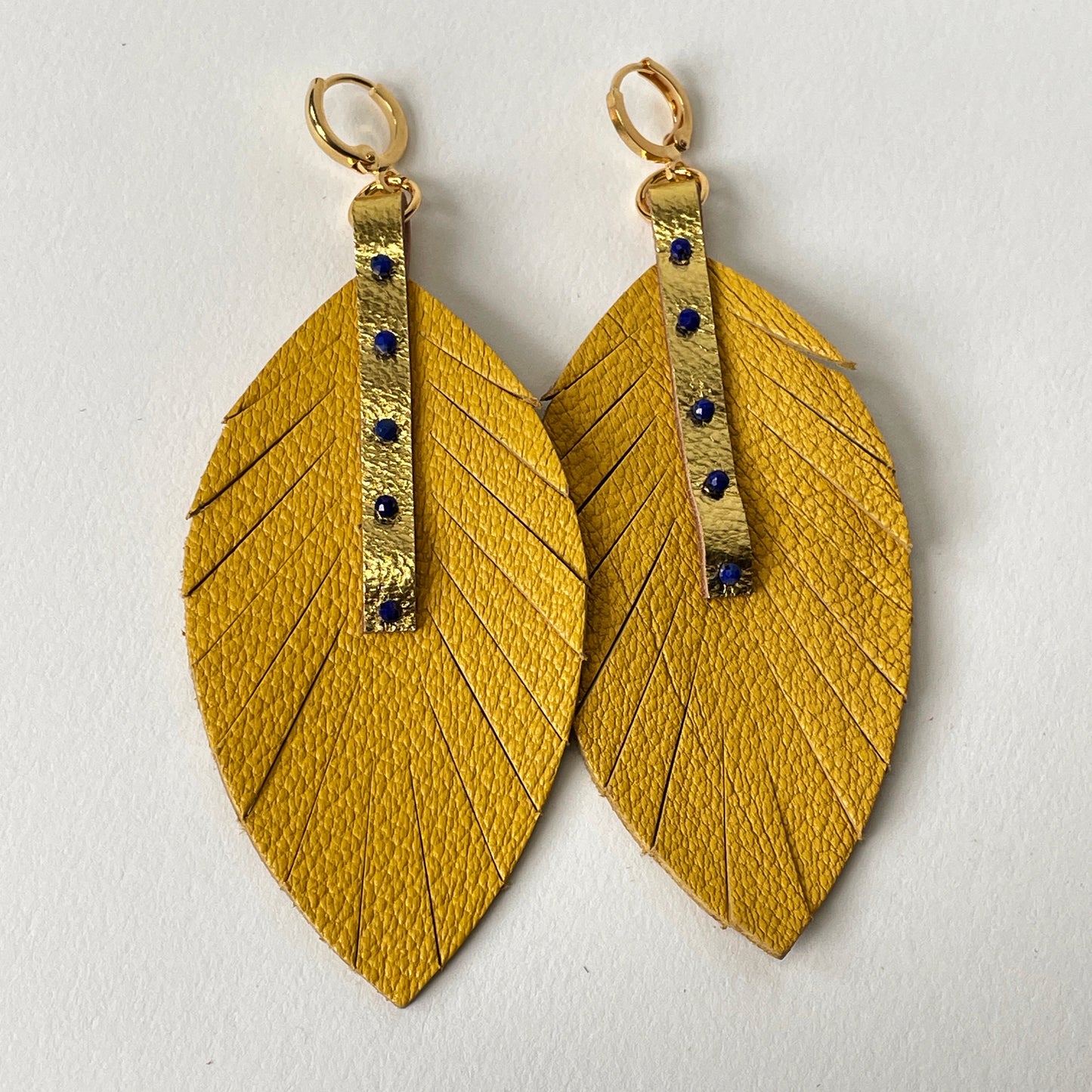 Yellow Leather Feather Dangle Earrings with Lapis Gemstones