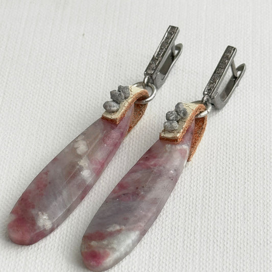 Pink tourmaline in quartz teardrop earrings with rough-cut raw grey diamonds on off-white leather and oxidized sterling silver pavé leverbacks