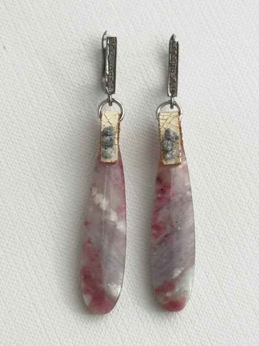 Pink tourmaline in quartz teardrop earrings, straight-on view