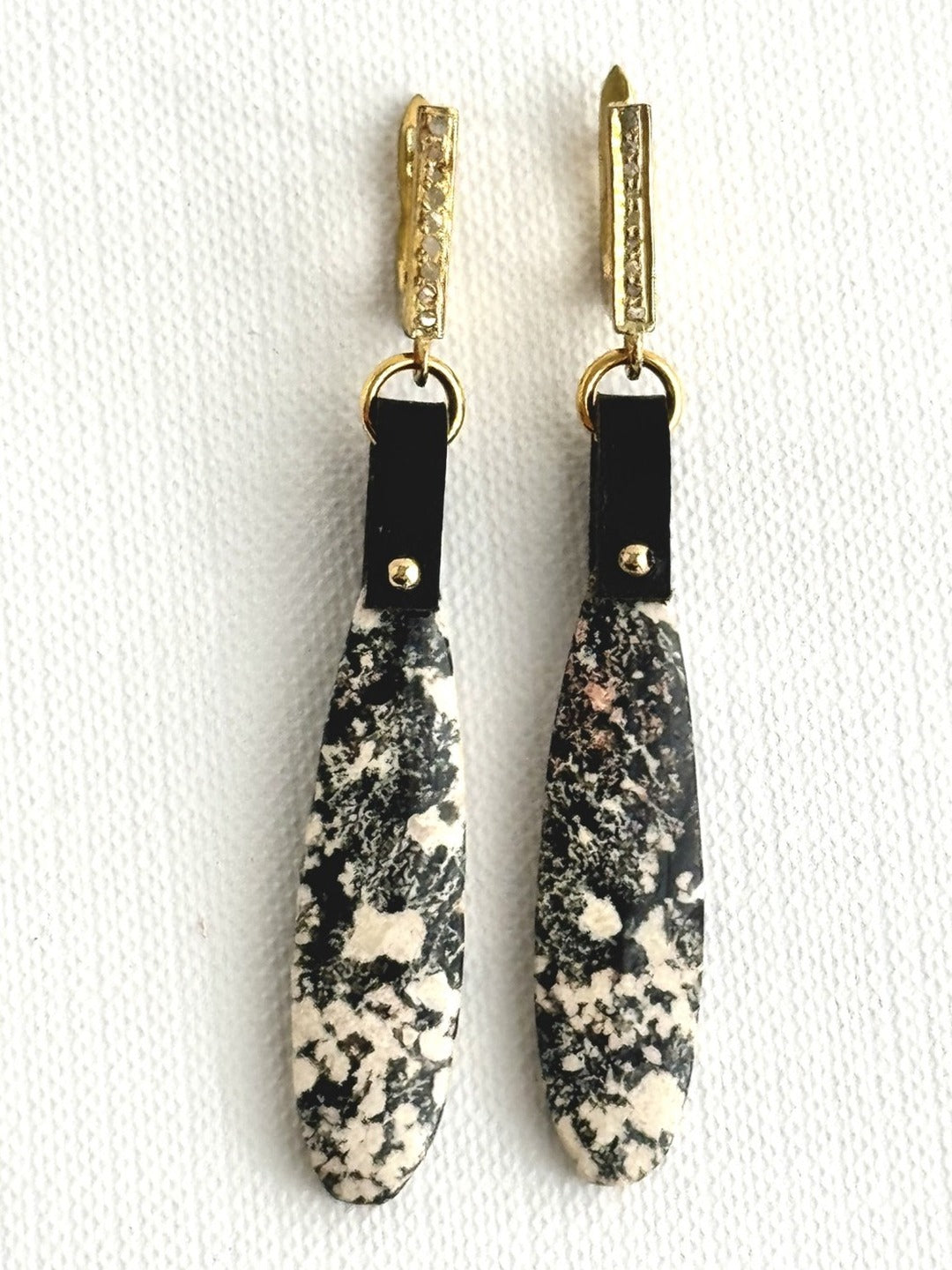 Snowflake obsidian teardrop earrings hanging straight, black and white stones, gold vermeil leverbacks