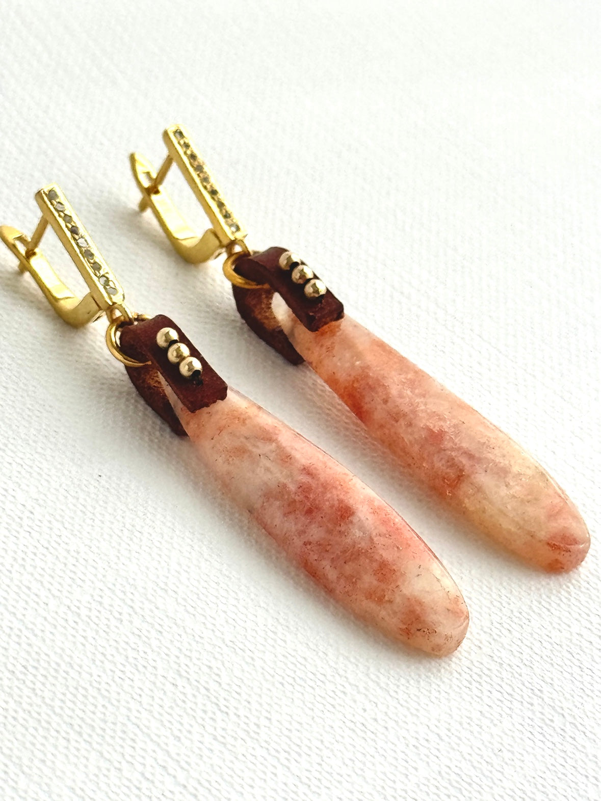 Sunstone teardrop earrings with gold-filled beads on brown leather and gold vermeil pave diamond leverbacks, pair A