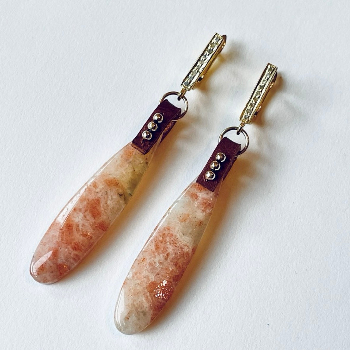 Sunstone teardrop earrings with gold-filled beads on brown leather and gold vermeil pave diamond leverbacks, pair B