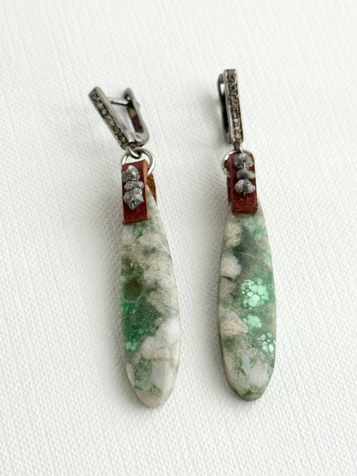 Utah variscite teardrop earrings hanging straight, green grey stones, oxidized sterling leverbacks
