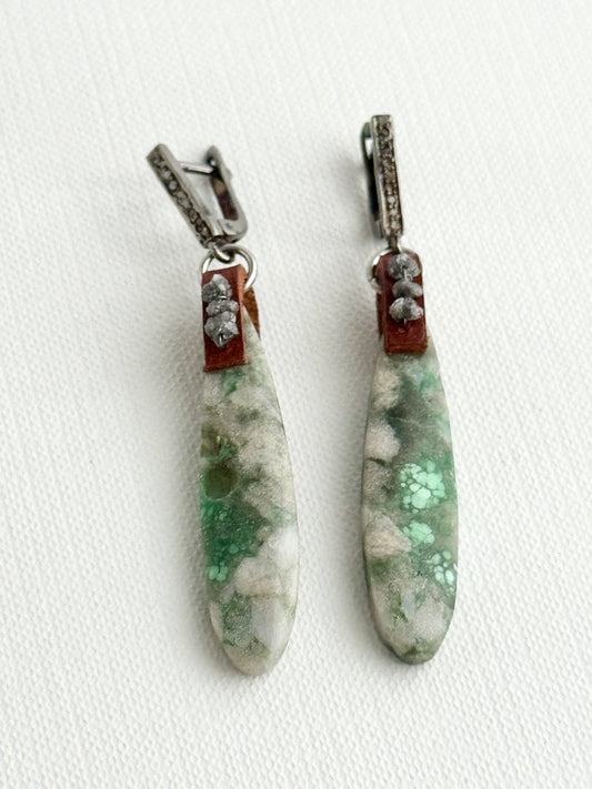 Utah variscite teardrop earrings hanging straight, green grey stones, oxidized sterling leverbacks