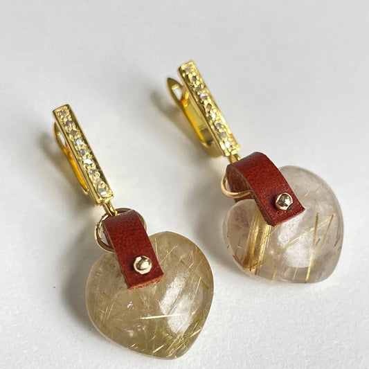 One of a kind gemstone heart dangle earrings; gold earrings made of golden rutilated quartz and gold vermeil earrings