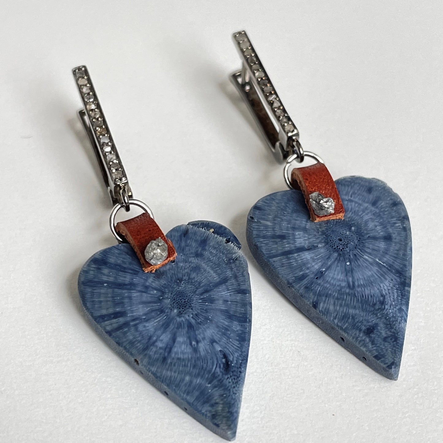 Love Runs Deep Gemmies - Blue Fossils + Diamond Earrings OOAK (one of a kind)