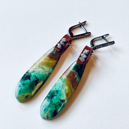 Chrysocolla with Raw Diamonds Teardrop Earrings in Oxidized Sterling with Pave-Set Diamonds OOAK (one of a kind)