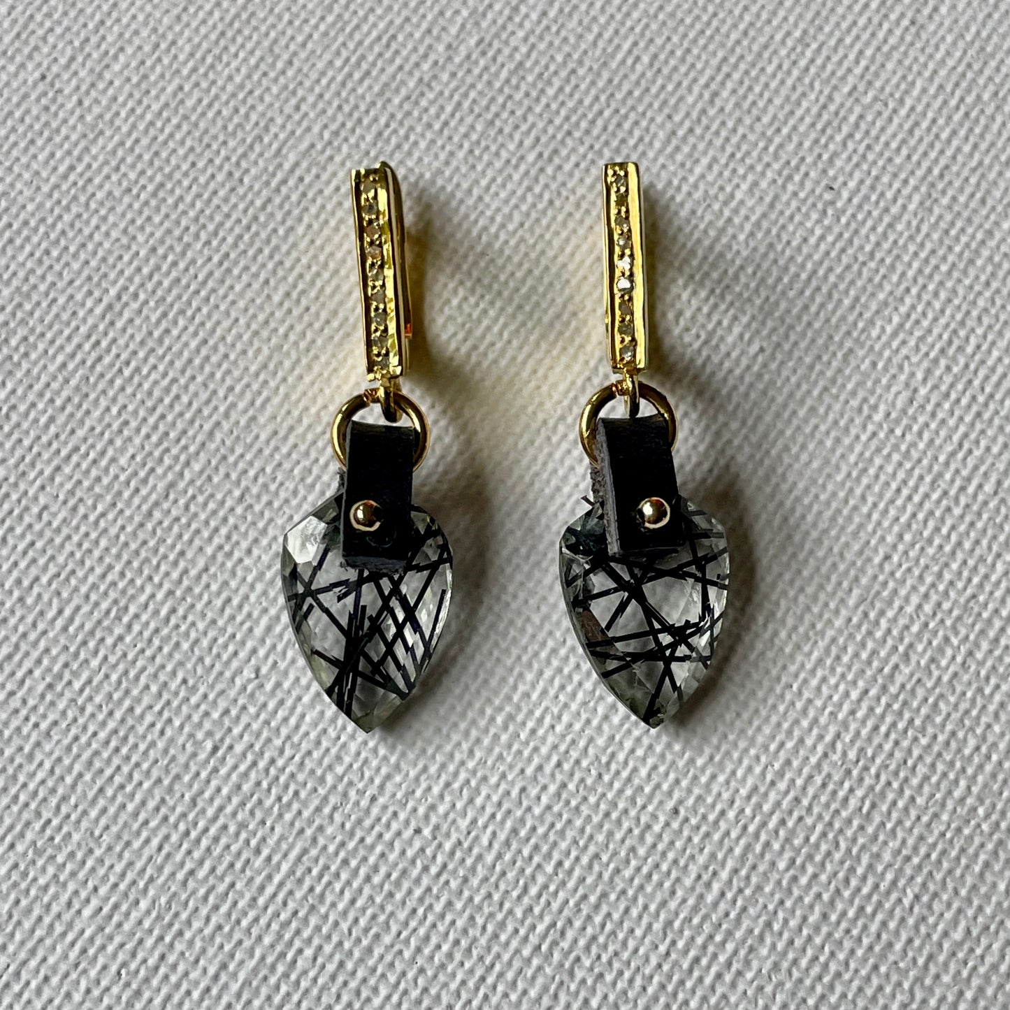 Black Tourmalinated Quartz with Diamonds and Gold Vermeil Earrings OOAK (one of a kind)