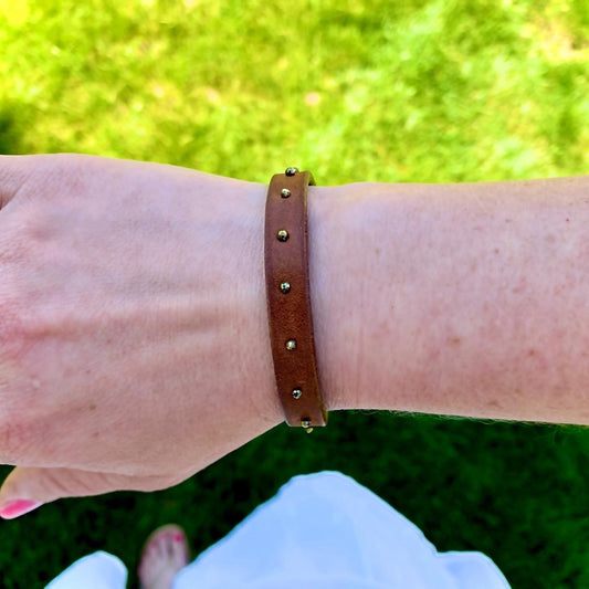CELEBRATE Stacking Bracelet — Natural Colors - handmade vegetable-tanned leather bracelet with pyrite - view 2
