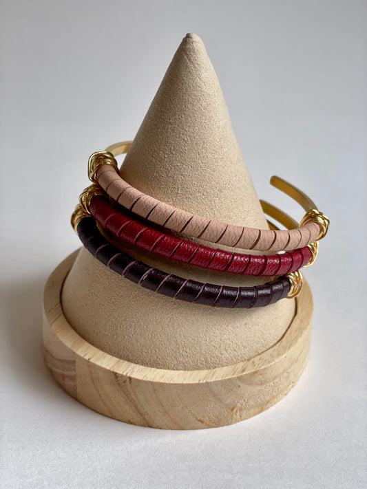 Leather Stacking 18k gold plated adjustable bangle bracelet