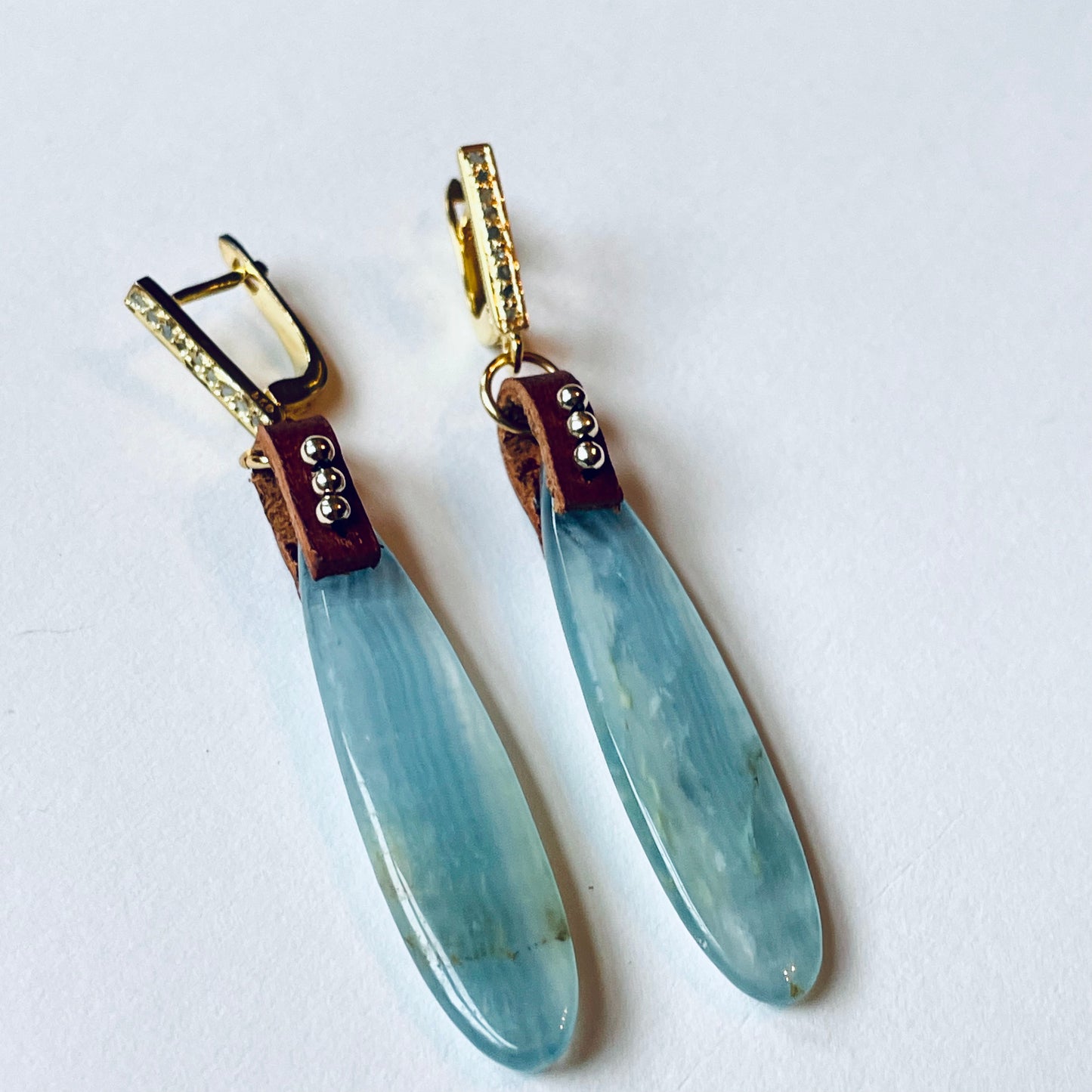 Aqua Blue Calcite Teardrop Earrings in Gold Vermeil with Pave-Set Diamonds OOAK (one of a kind)