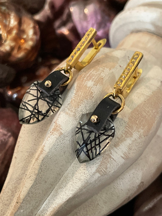 Black Tourmalinated Quartz with Diamonds and Gold Vermeil Earrings OOAK (one of a kind)