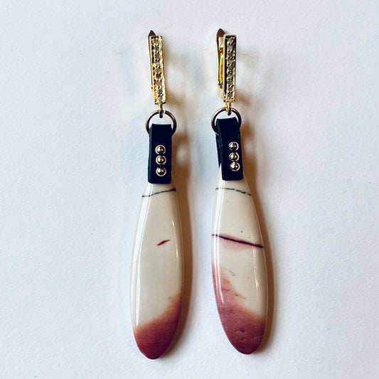 Australian Mookaite Jasper Teardrop Earrings in Gold Vermeil with Pave-Set Diamonds OOAK (one of a kind)