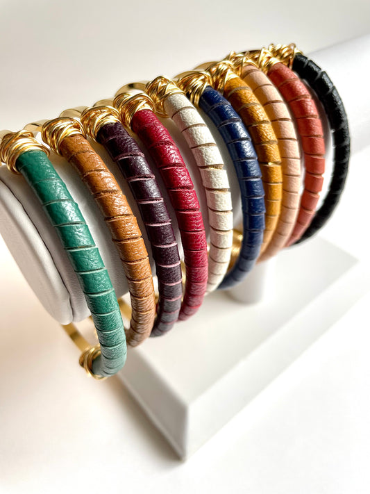 Leather Stacking 18k gold plated adjustable bangle bracelet