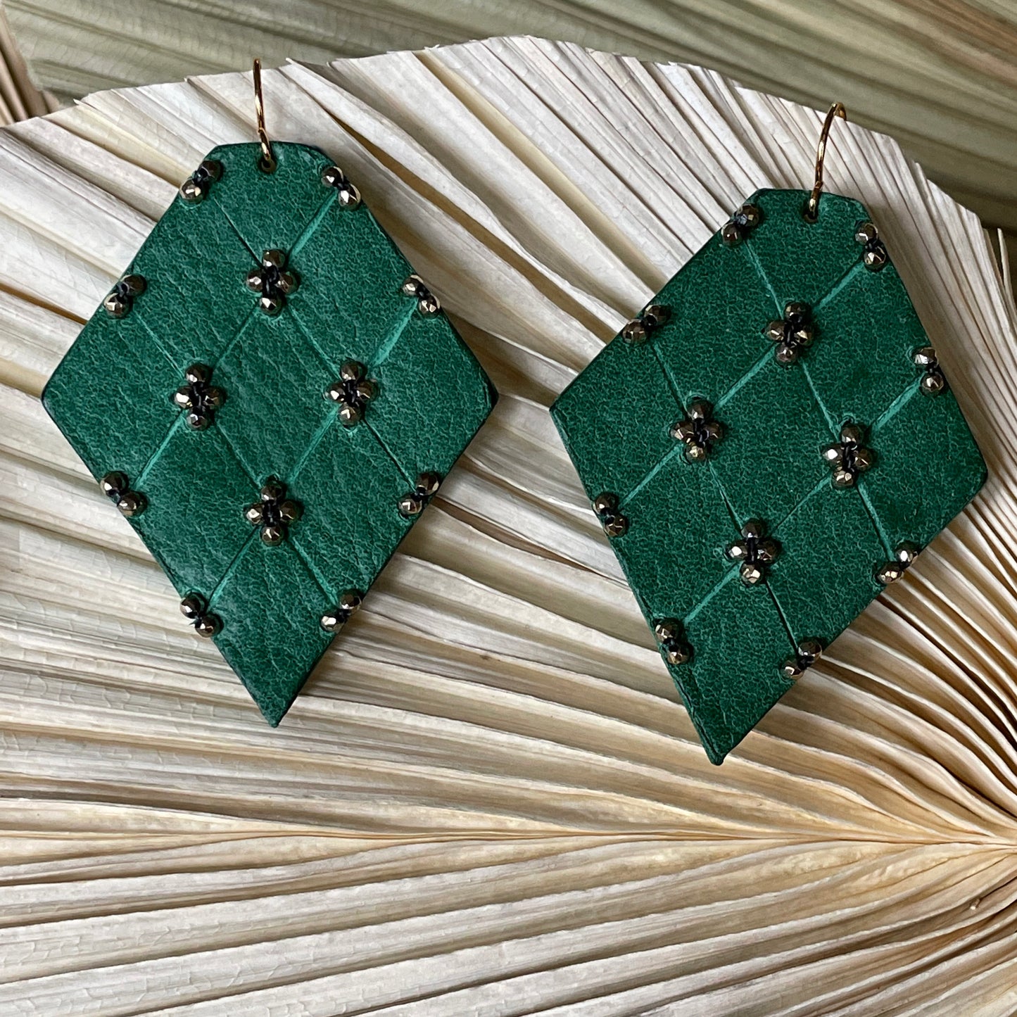 Green QUILTED leather earrings