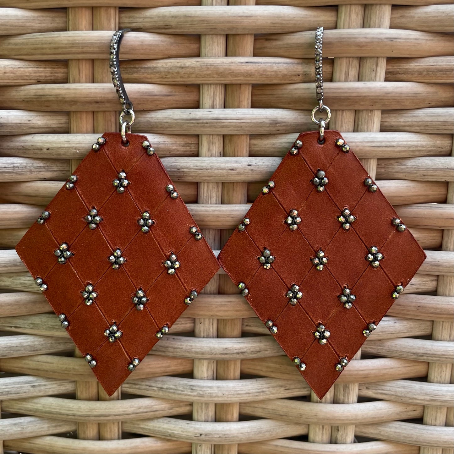 Large QUILTED leather earrings with genuine diamond ear hooks