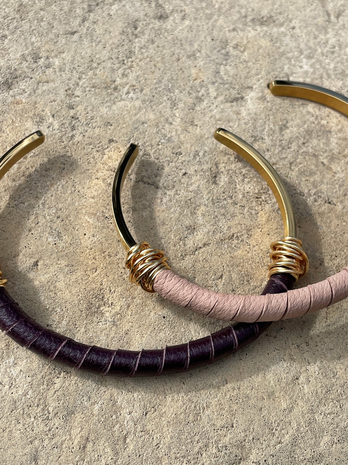Leather Stacking 18k gold plated adjustable bangle bracelet