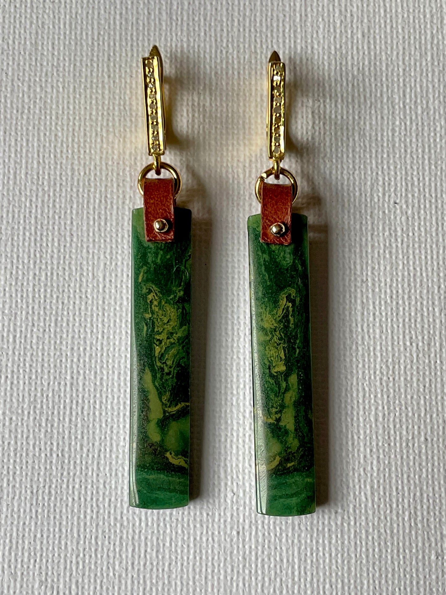 African jade rectangles gold vermeil pave diamond OOAK (one of a kind) earrings