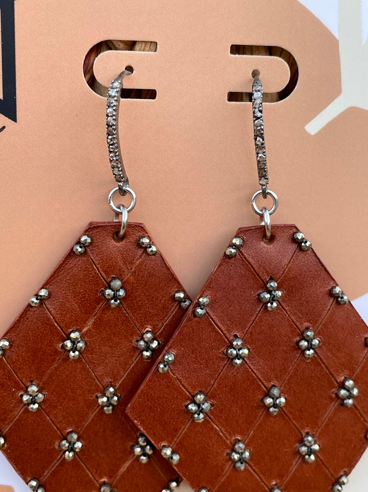 Large QUILTED leather earrings with genuine diamond ear hooks