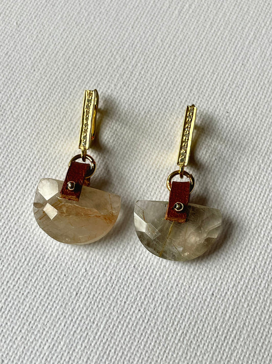 Golden rutilated quartz earrings with gold vermeil and pave diamonds OOAK (one of a kind)