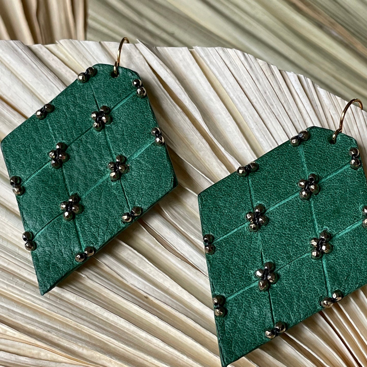 QUILTED leather earrings -- green and red