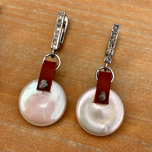 Pearl earrings with raw diamonds, leather and pave diamond ear wires OOAK (one of a kind)