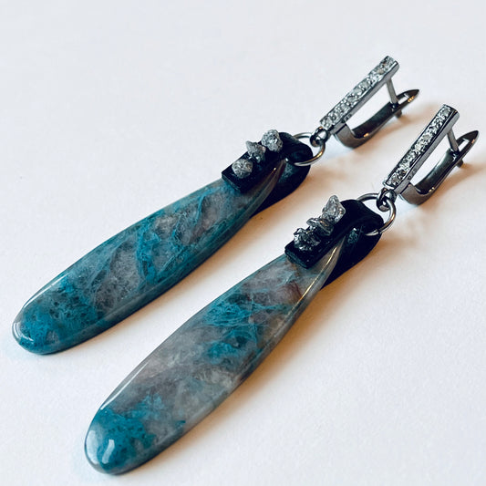 Chrysocolla in Quartz with Raw Diamonds -- Teardrop Earrings in Oxidized Sterling with Pave-Set Diamonds OOAK (one of a kind)