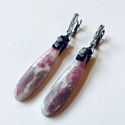 Pink Tourmaline with Raw Diamonds -- Teardrop Earrings in Oxidized Sterling with Pave-Set Diamonds OOAK (one of a kind)