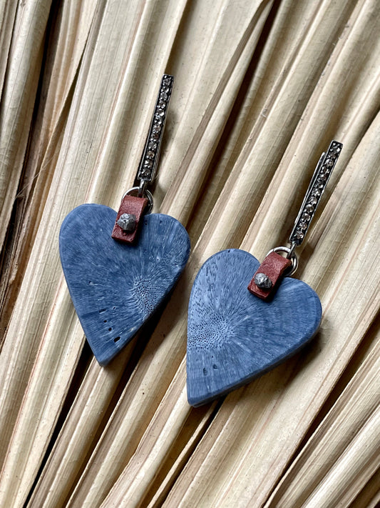 Love Runs Deep Gemmies - Blue Fossils + Diamond Earrings OOAK (one of a kind)