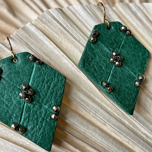 QUILTED leather earrings -- green and red