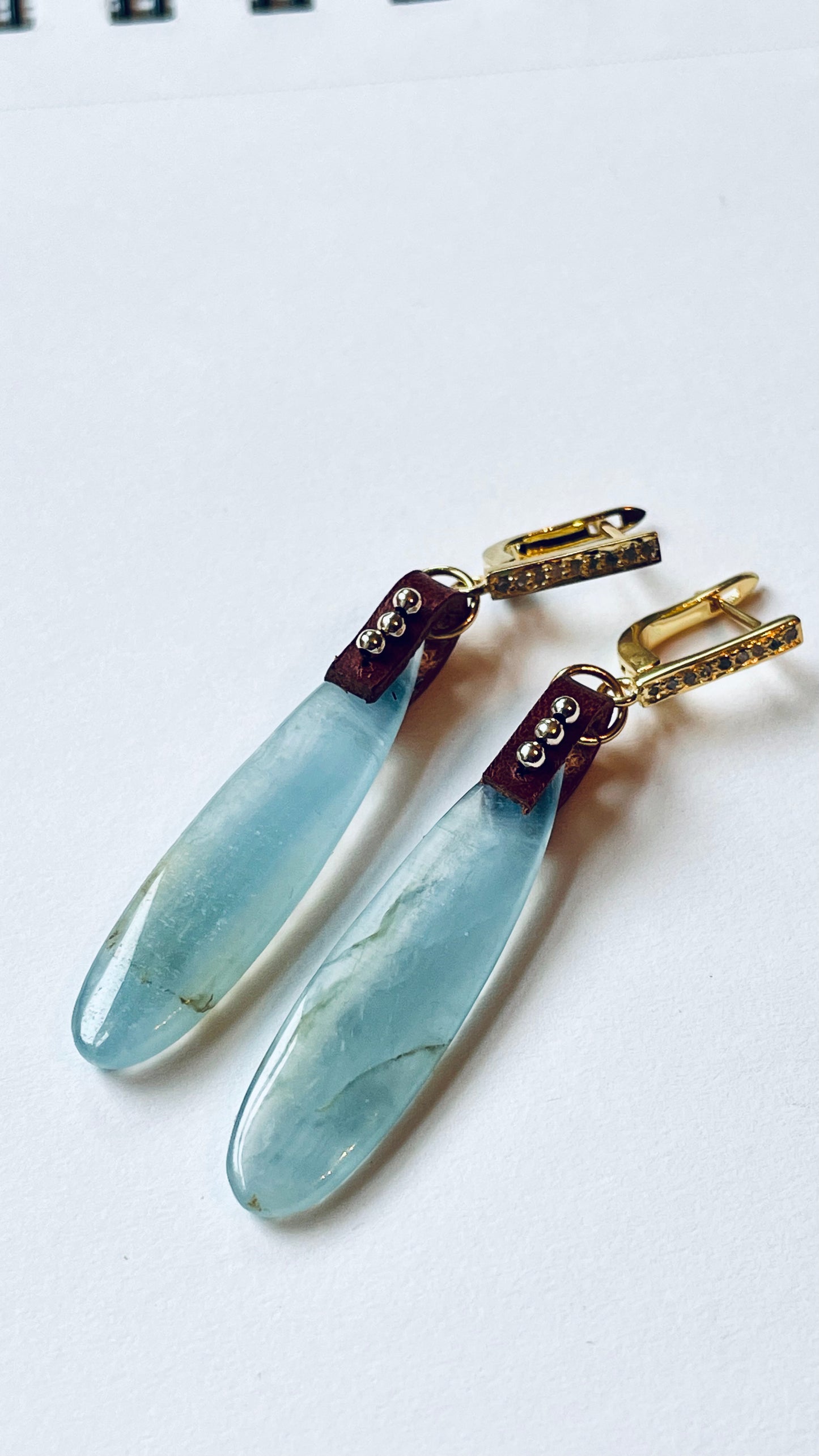 Aqua Blue Calcite Teardrop Earrings in Gold Vermeil with Pave-Set Diamonds OOAK (one of a kind)