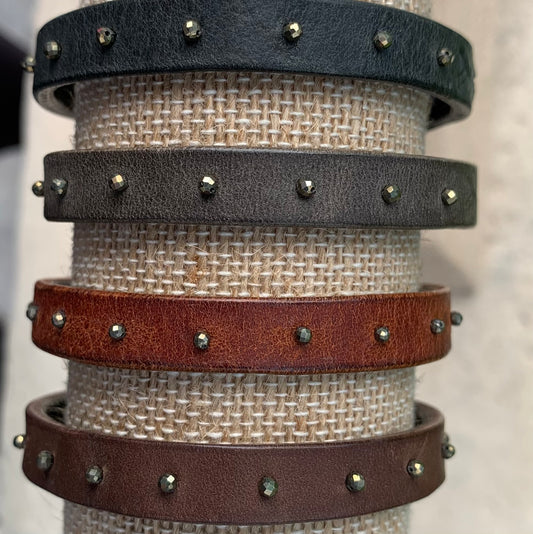 CELEBRATE Stacking Bracelet — Natural Colors - handmade vegetable-tanned leather bracelet with pyrite - available in Black, Steel, Chestnut, Chocolate