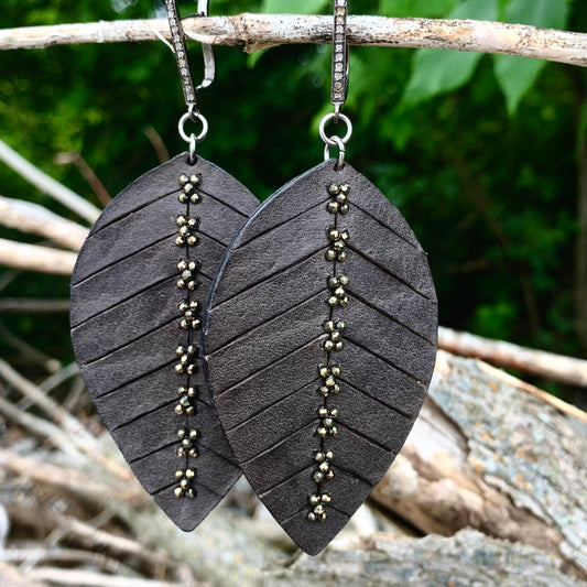 LEVELED-UP Leather Leaf and Pave Diamond Earrings