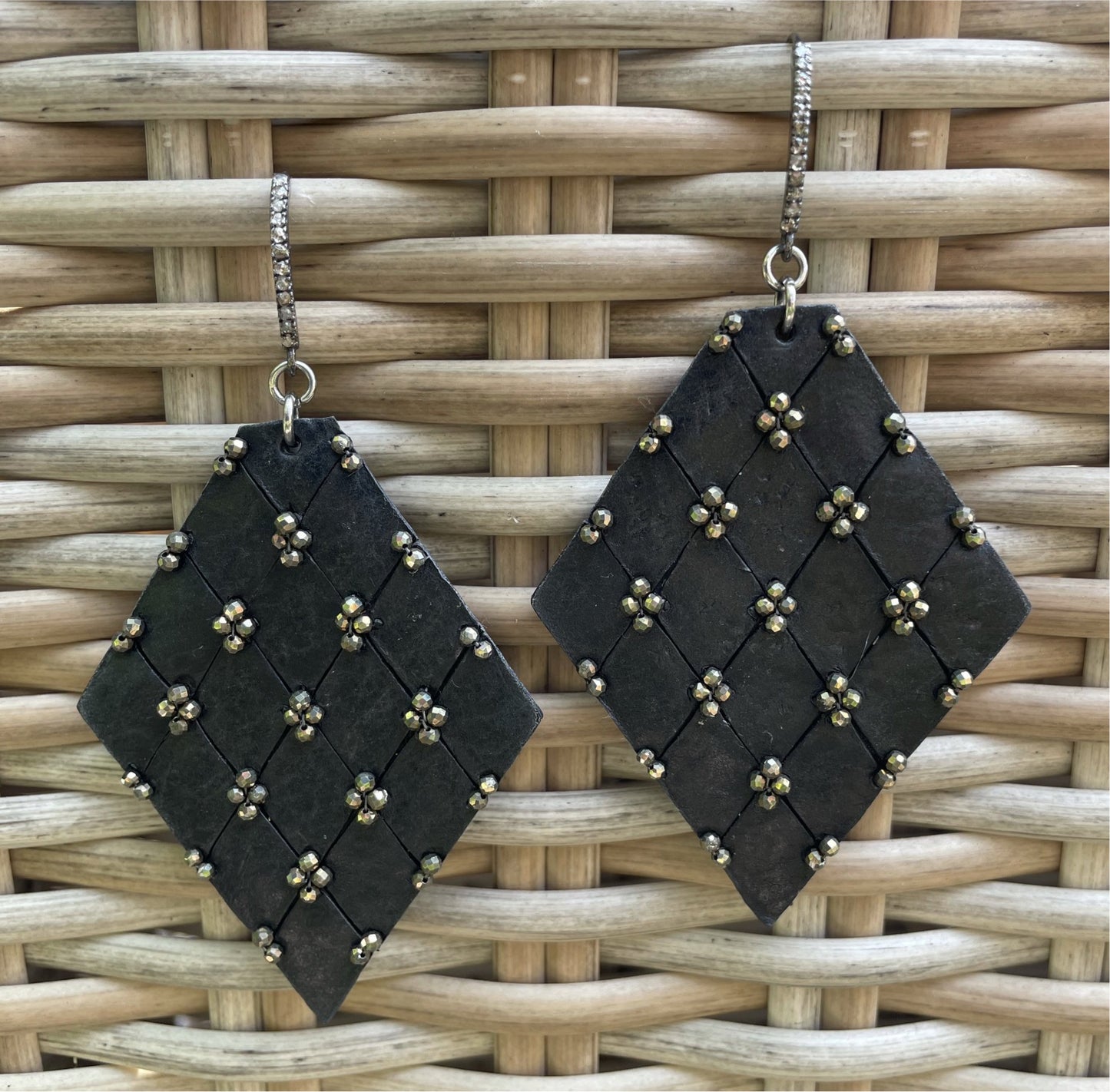 Large QUILTED leather earrings with genuine diamond ear hooks
