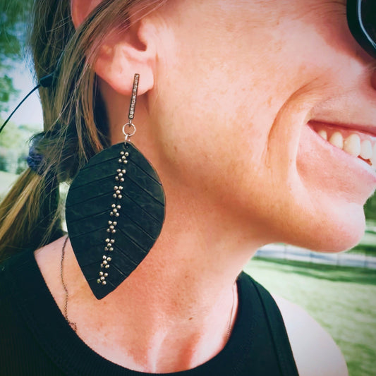 LEVELED-UP Leather Leaf and Pave Diamond Earrings