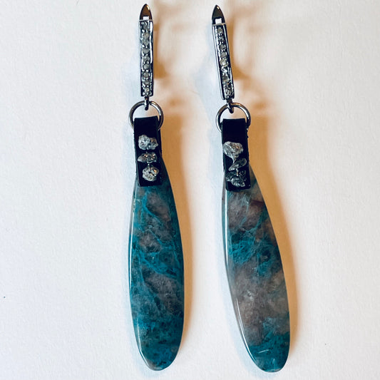 Chrysocolla in Quartz with Raw Diamonds -- Teardrop Earrings in Oxidized Sterling with Pave-Set Diamonds OOAK (one of a kind)