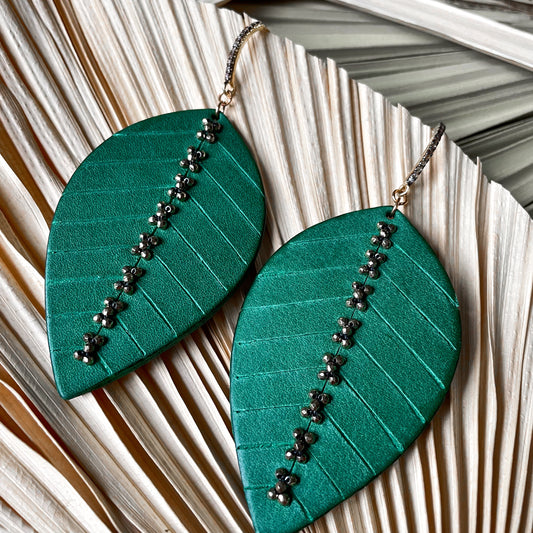 LEVELED-UP Leather Leaf and Pave Diamond Earrings (colors)