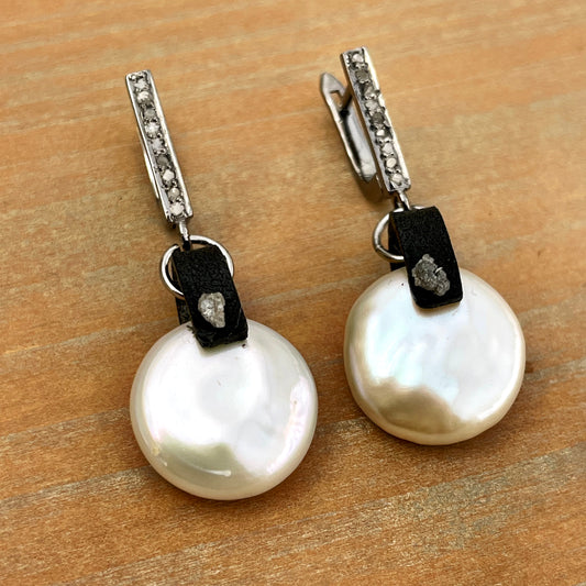 Pearl earrings with raw diamonds, leather and pave diamond ear wires OOAK (one of a kind)